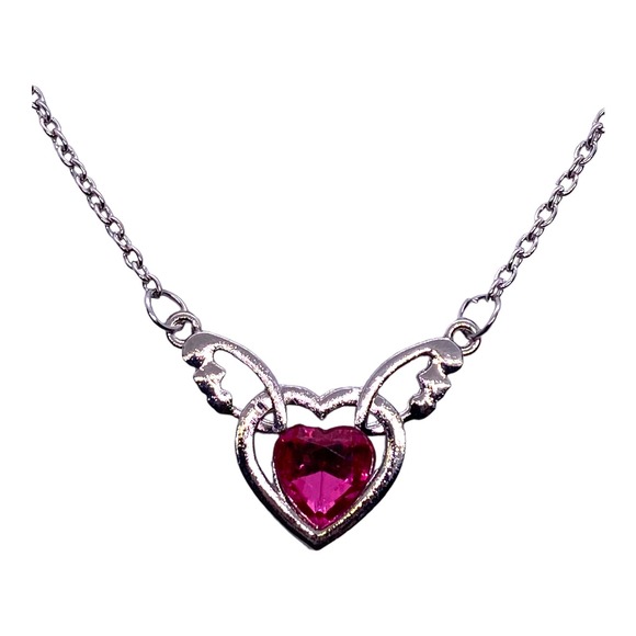 Imitation Dark Pink Crystal Rhinestone Gemstone Angel Wings Heart Necklace - Picture 4 of 11